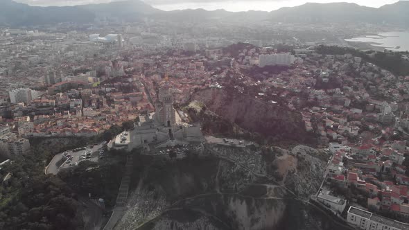 Aerial view of the basilica Notre Dame de la Garde in Marseille. France 2020 alt