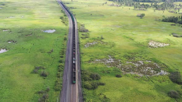 Aerial view of railway and freight train