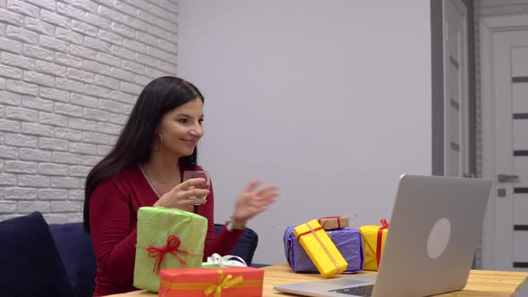 Attractive Woman Celebrate Holidays at Home Talking By Video Call Quarantine