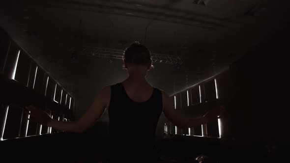 SLOW MOTION Ballerina Dancing in Pointe Shoes on Stage in Smoke in the Dark Light Back View alt