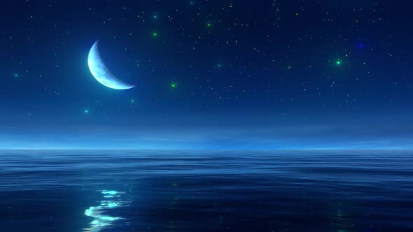 Starry Sky with Moon Reflected on Ocean Waves