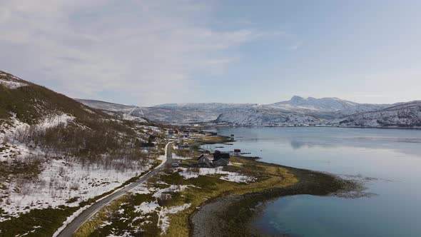 Aerial view of scenic ocean drive in Daafjord, Ringvassoya, Norway alt