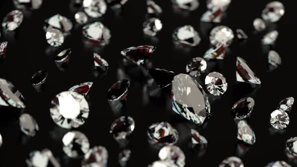 Shiny, clear diamonds on black, reflective round-table. Luxury, precious gems alt