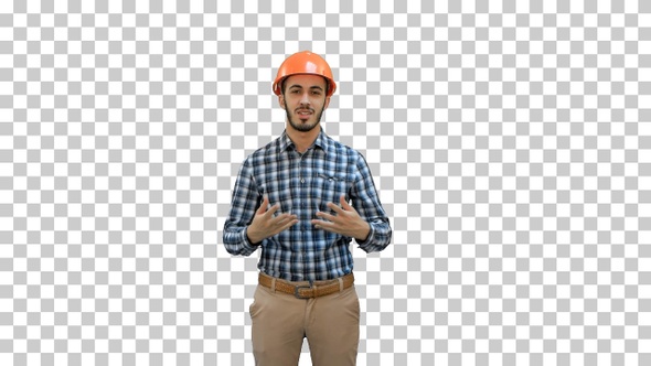 Happy young engineer in helmet talking to the camera, Alpha Channel