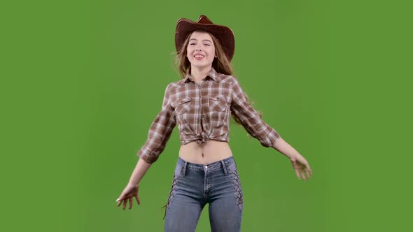 Cowgirl Dancing the Wind Waving Her Hair Around. Green Screen alt