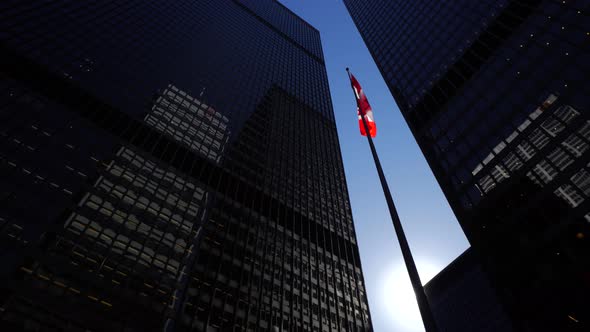 Cn Tower With 2 Tall Downtown Office Buildings On Sunny Day With Canadian Flag
