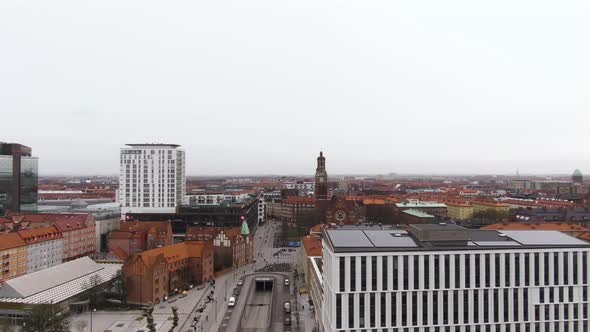 Cityscape with St. John's Church in background, Malmo in Sweden. Aerial sideways alt