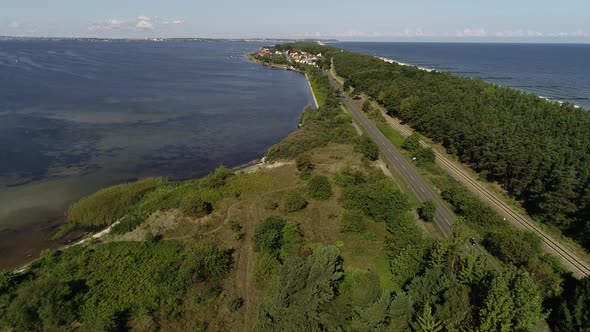Aerial view of beautiful scenic coast road by the sea. Hel Peninsula. 