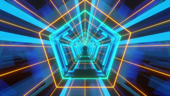 Vj ultra tunnel with blue orange lights. High tech cyber tunnel.