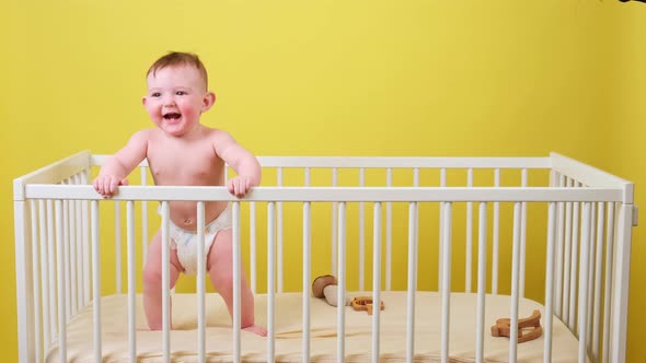 Infant baby boy is sitting in a crib and playing with toys, yellow studio background