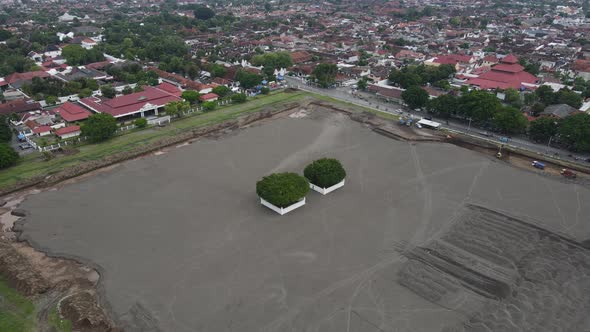 Aerial view of the Yogyakarta Palace (Keraton) field which is being replaced by white sand to mainta alt