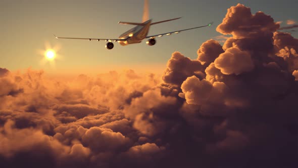 Airplane Flying Above the Clouds on Sunset 4k