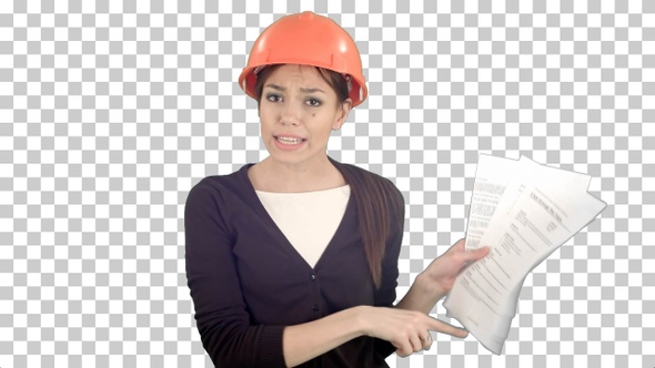 Angry female engineer in hardhat with, Alpha Channel