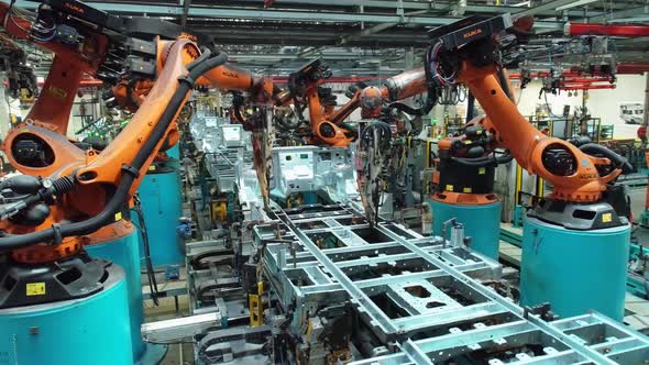 Car Factory  And Robots Welding