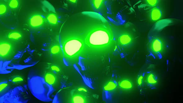 Neon Skulls With Glowing Eyes Halloween Background 4K