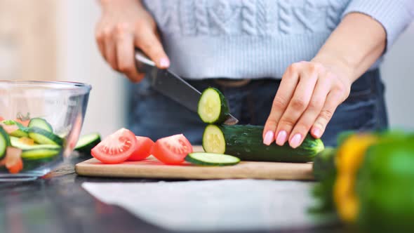 A Closeup Video of Woman Hands Cutting Vegetables for a Salad alt