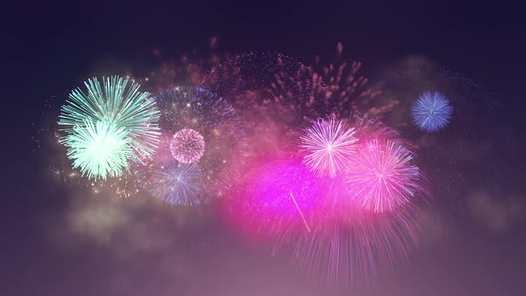 Loop Able. Fireworks Explode In The Middle Area Of The Screen On Dark Blue Background. 3d Rendering