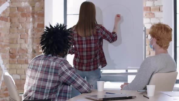 Young Woman in Covid-19 Face Mask Drawing on Whiteboard As Collagues Sitting and Listening. Portrait alt