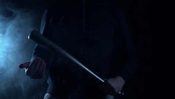 Close Up. Street Hooligan Is Holding a Baseball Bat. alt