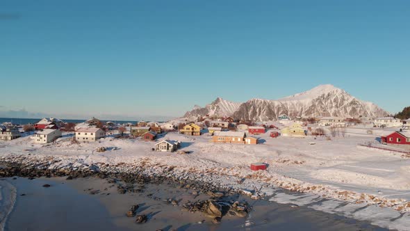 Ramberg wooden house village during winter covered by snow in the Lofoten islands. 