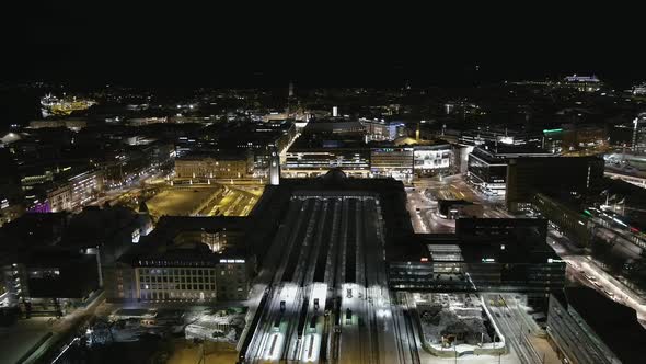 Drone Shot of the Train Station in the Downtown of Helsinki Finland