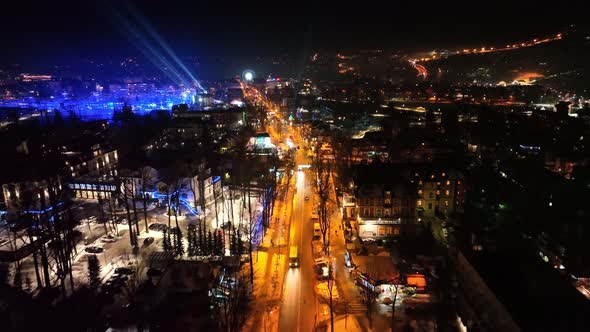 Aerial night view of the city of Zakopane in Poland alt