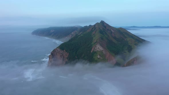 Aerial View of Coastline Sakhalin Island Near Tikhaya Bay in Morning Time, Russia.