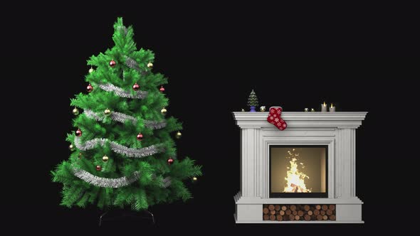 New Year's, Christmas set fireplace with fire and Christmas tree on a transparent background.