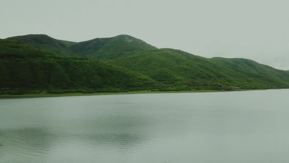 Zhinvali Water Reservoir and Bridge on River Aragvi Georgia Aero View