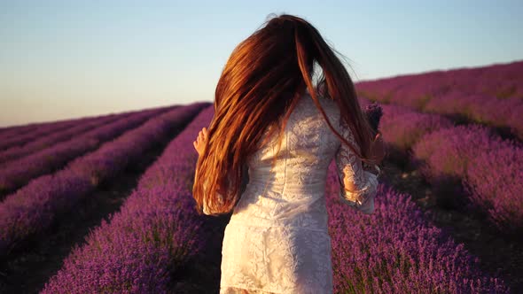 Young Woman with Long Hair Gently Caress Lavender Bushes with Hand alt