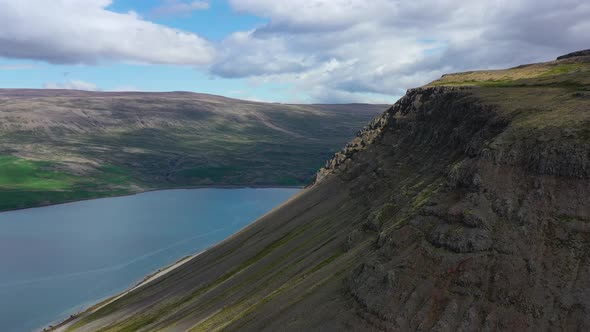 Iceland. Aerial view on the coast line, mountains and ocean, Beach and sea from air