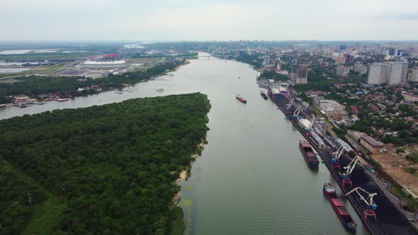 a Large River on the Background of the City is an Aerial View
