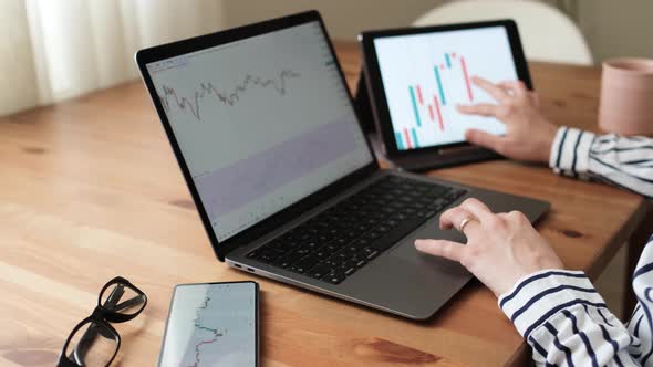 Woman examining graphics in detail with her mobile phone, tablet and laptop at home.