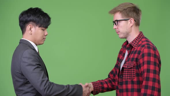 Young Handsome Asian Businessman and Young Scandinavian Businessman Working Together alt