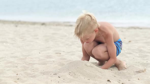 Little Blonde Boy Playing with Sand on Beach Ocean Sea alt