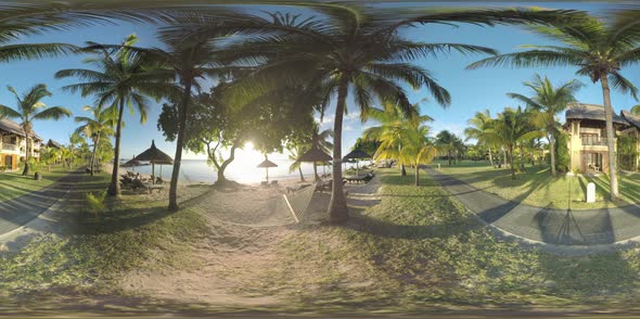 360 VR Sunset Scene of Tropical Resort on Ocean Coast, Mauritius alt
