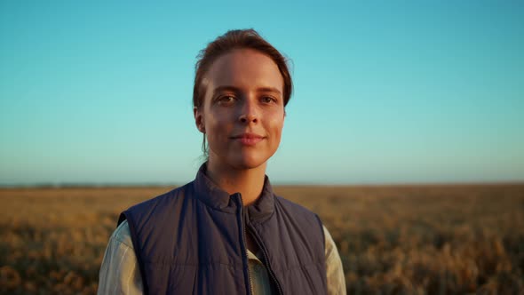 Portrait Smiling Farmer Posing at Grain Field alt