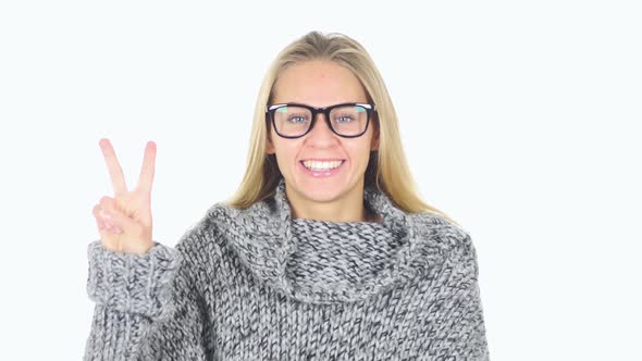 Victory Sign By Woman White Background alt