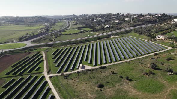 Topdown view Solar photovoltaic farm, future energy generator, Lagos. Algarve