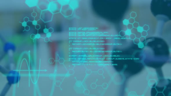 Laboratory with data and hexagons in the foreground alt