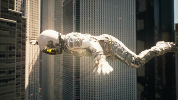 Astronaut Traveler Flying Past Skyscrapers