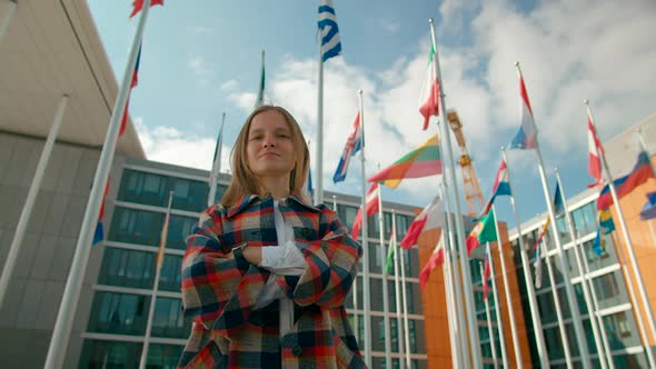 Portrait of Woman with EU Countries Flags in European Parliament in Luxembourg