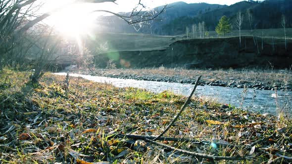 Dolly Slider Shot of the Splashing Water in a Mountain River Near Forest. Wet Rocks and Sun Rays alt