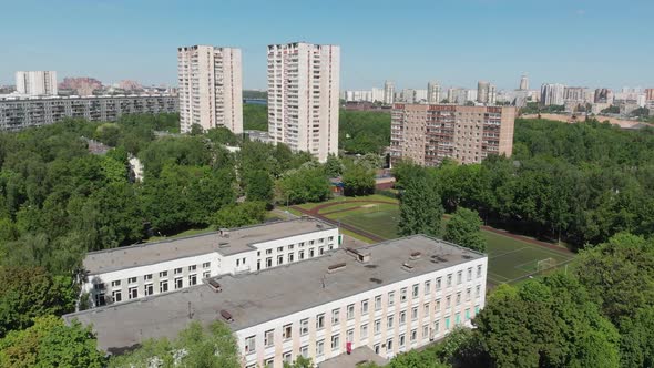 Top View of School, Sports Stadium and Residential Buildings in Moscow, Russia
