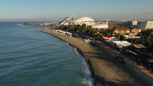 Aerial View of the Coastline of the Black Sea at the City of Adler, Russia. alt