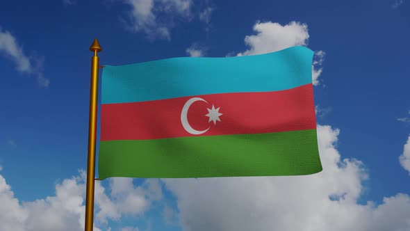 National flag of Republic of Azerbaijan waving with flagpole and blue sky alt