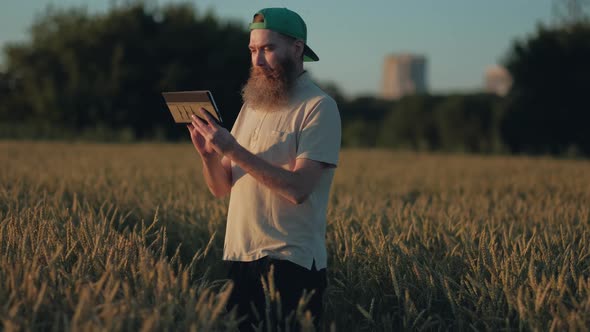 Farmer Looks at His Fields of Wheat and Using His Digital Tablet alt