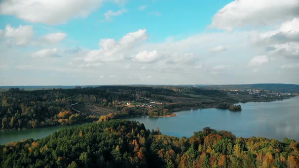 Drone Flying Over Beautiful Golden Autumn Landscape, Aerial Nature Footage Shot