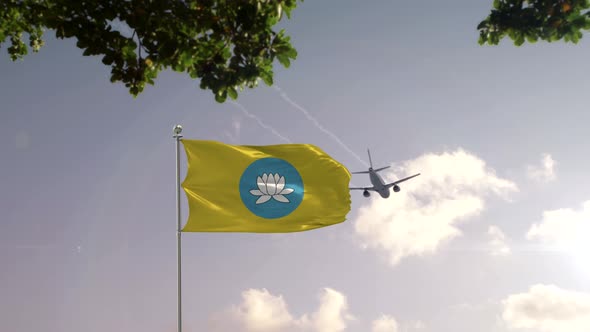 Kalmykia Flag With Airplane And City -3D rendering alt