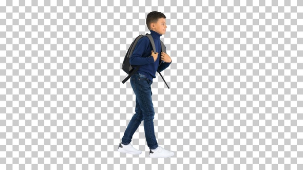 Cheerful boy in polo neck walking with a backpack, Alpha Channel alt